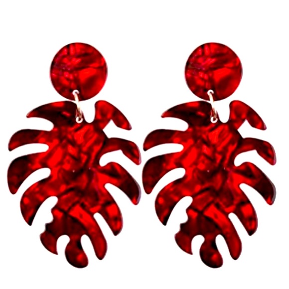 Jewelry - Red & Black Acrylic Leaf Drop Earrings